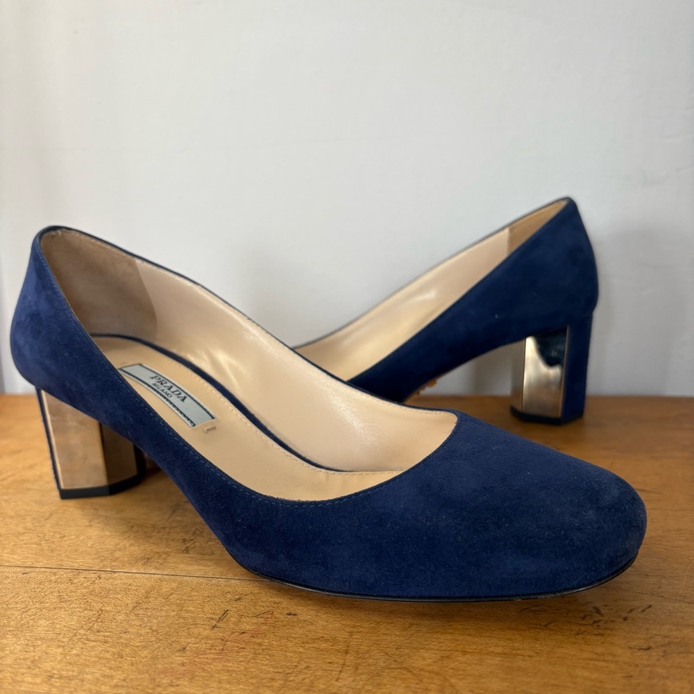 Prada Women's Navy Suede Block Heels - 36.5